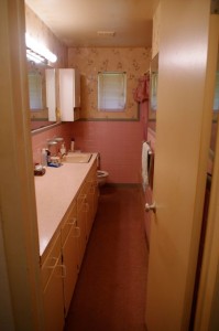 Frilly pink bathroom with curiously long and narrow walkway.